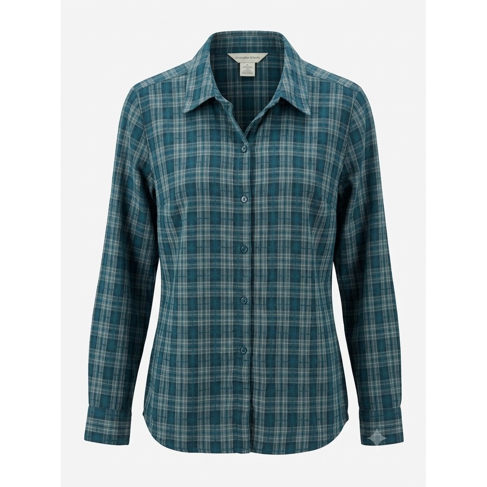 Christopher & Banks Teal Blue Plaid Button Down Shirt Long Sleeve Womens Large
